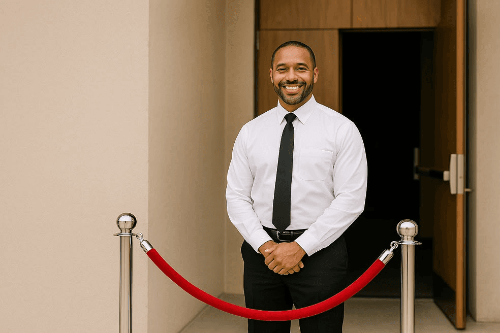 Usher in formal attire standing at a venue entrance